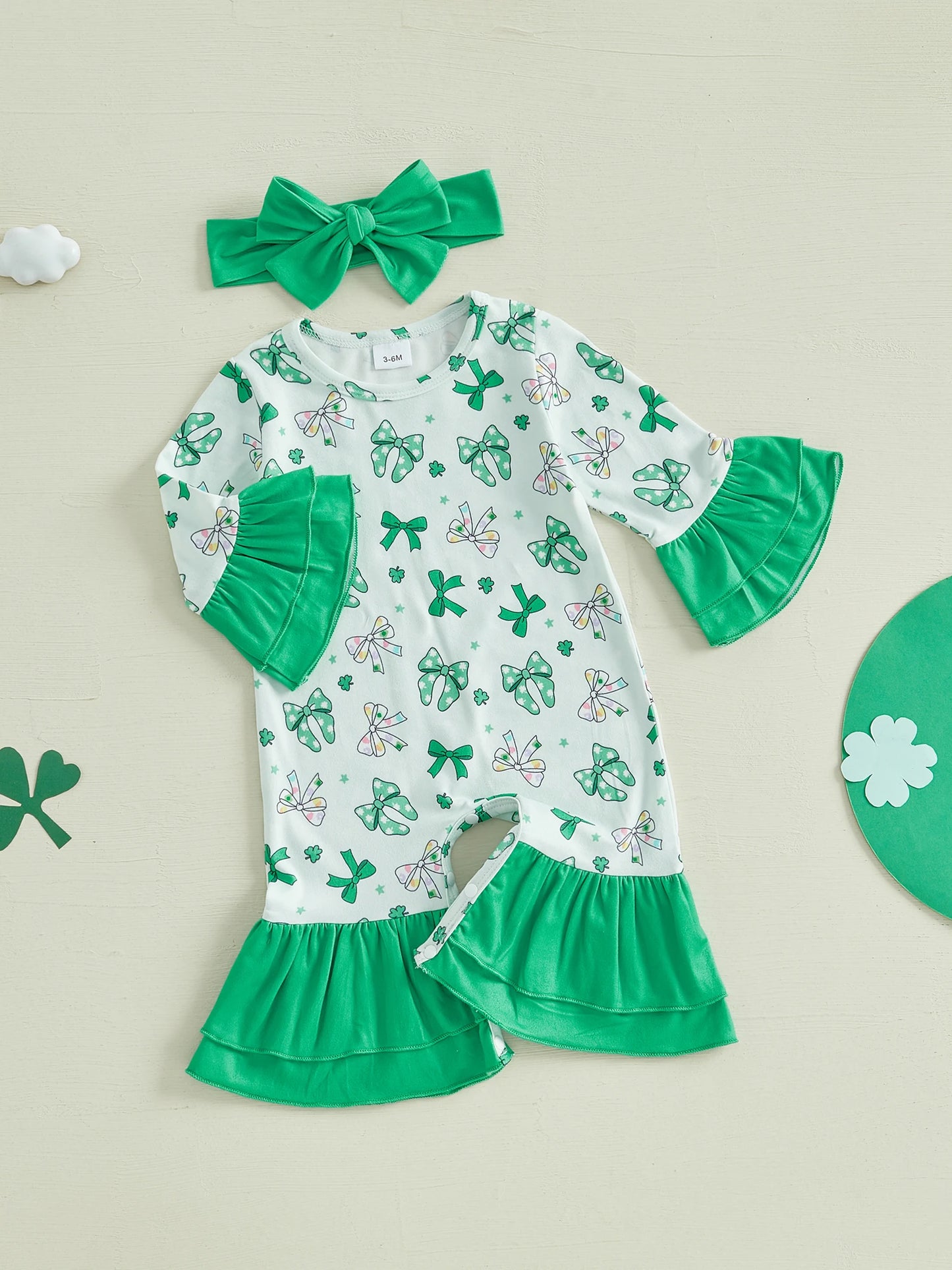 Adorable Baby Girls St Patrick s Day Shamrock Romper with Ruffle Sleeves and Matching Headband Set for Infant Toddler