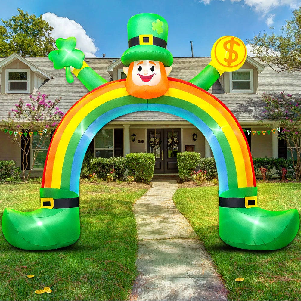 St Patrick Day Inflatable Decoration for Home Outdoor Cute Arch Gold Coin Decor Yard Garden Party Green Prop with LED Light
