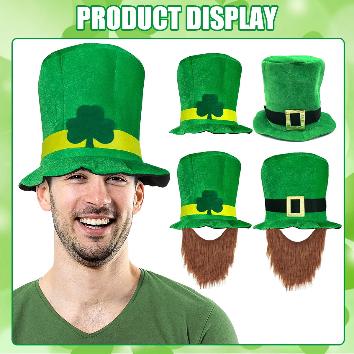 2025 New St. Patrick\'s Day Irish Top Hat Beard Green Shamrock Hats for Saint Patrick Day Home Party Decor Cosplay Costume Props