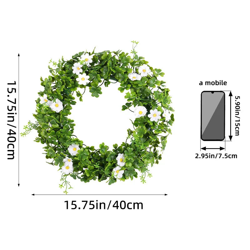 St Patricks Day Artificial Wreath Lucky Shamrock Clover Daisy Flower Decor Irish Spring Summer Greenery Wreath Home Supplies