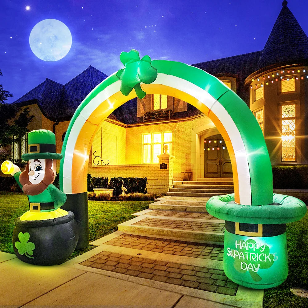 St Patrick Day Inflatable Decoration for Home Outdoor Cute Arch Gold Coin Decor Yard Garden Party Green Prop with LED Light