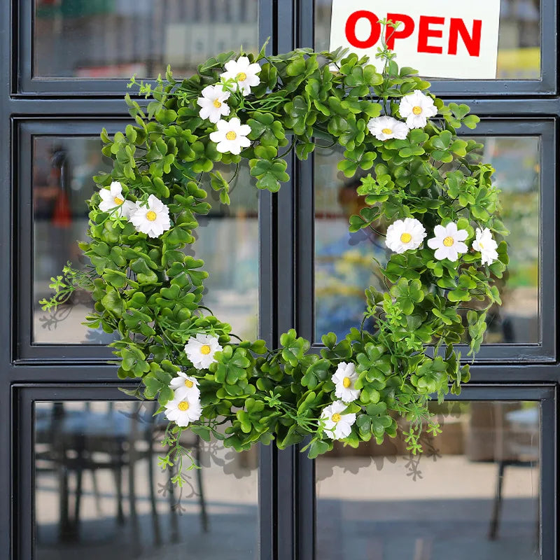 St Patricks Day Artificial Wreath Lucky Shamrock Clover Daisy Flower Decor Irish Spring Summer Greenery Wreath Home Supplies