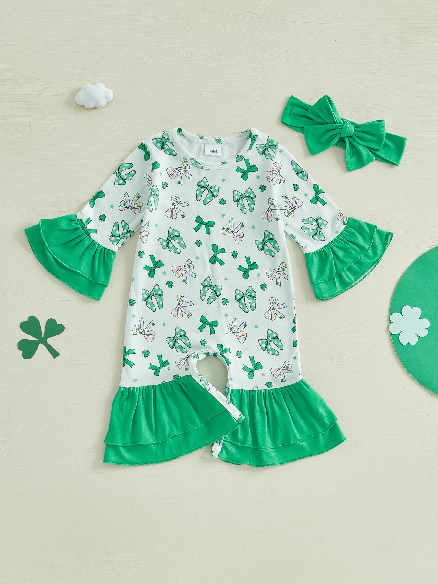 Adorable Baby Girls St Patrick s Day Shamrock Romper with Ruffle Sleeves and Matching Headband Set for Infant Toddler