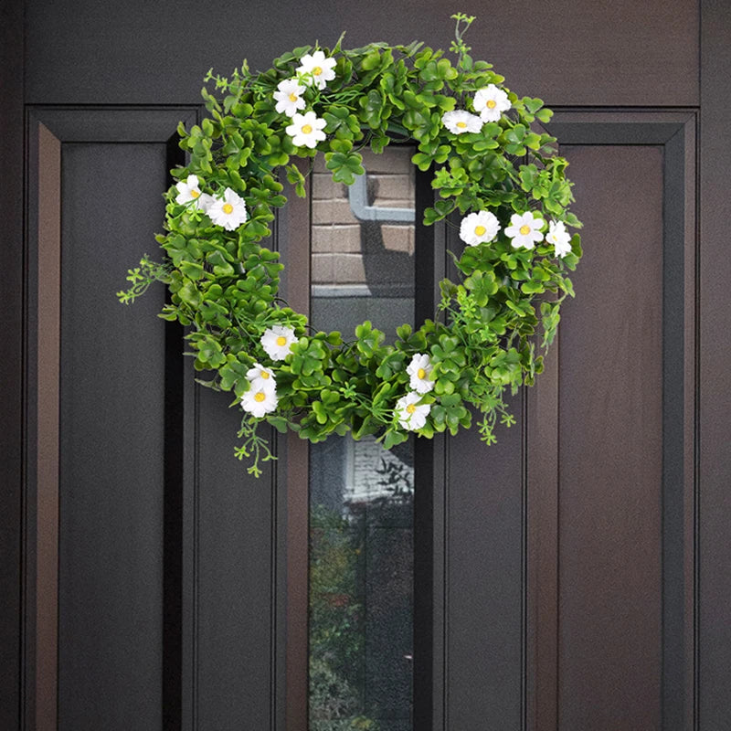 St Patricks Day Artificial Wreath Lucky Shamrock Clover Daisy Flower Decor Irish Spring Summer Greenery Wreath Home Supplies