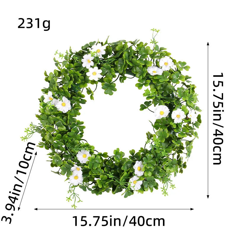 St Patricks Day Artificial Wreath Lucky Shamrock Clover Daisy Flower Decor Irish Spring Summer Greenery Wreath Home Supplies