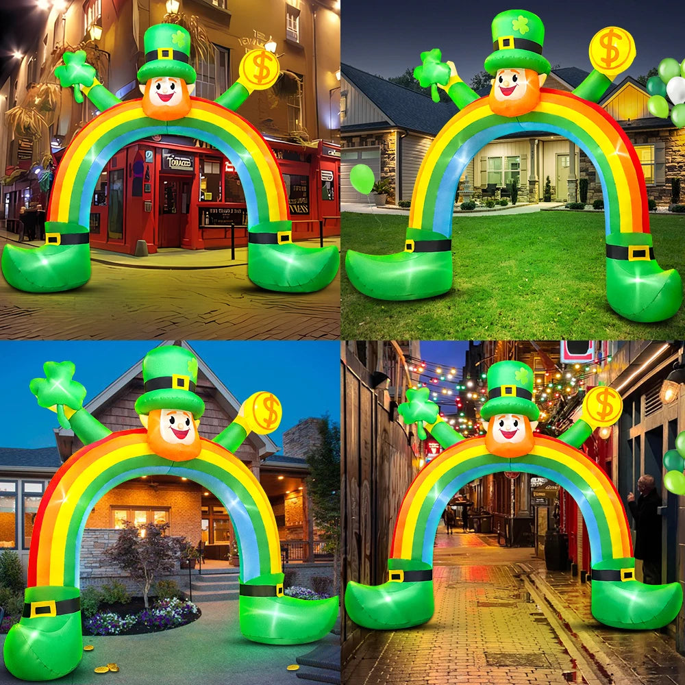 St Patrick Day Inflatable Decoration for Home Outdoor Cute Arch Gold Coin Decor Yard Garden Party Green Prop with LED Light