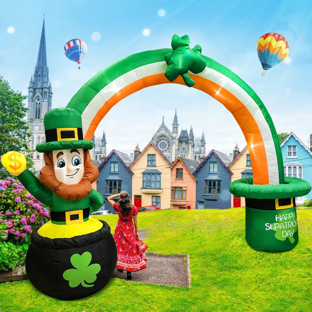 St Patrick Day Inflatable Decoration for Home Outdoor Cute Arch Gold Coin Decor Yard Garden Party Green Prop with LED Light