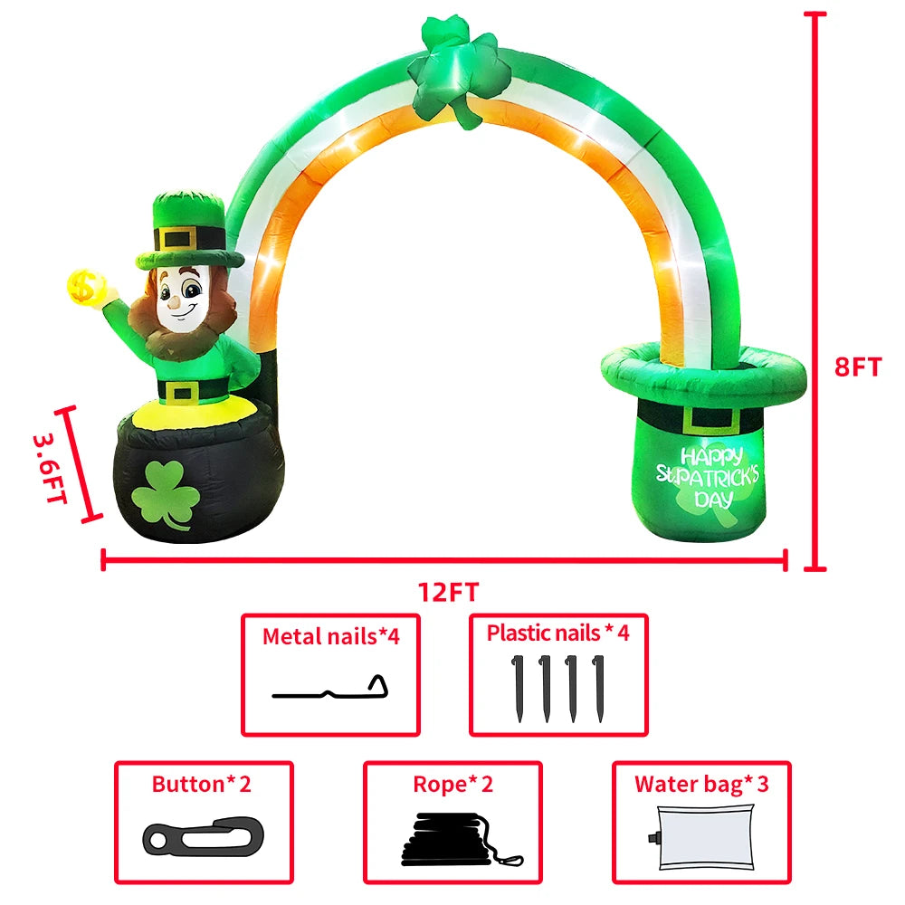 St Patrick Day Inflatable Decoration for Home Outdoor Cute Arch Gold Coin Decor Yard Garden Party Green Prop with LED Light
