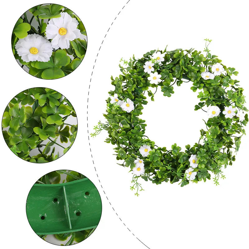 St Patricks Day Artificial Wreath Lucky Shamrock Clover Daisy Flower Decor Irish Spring Summer Greenery Wreath Home Supplies