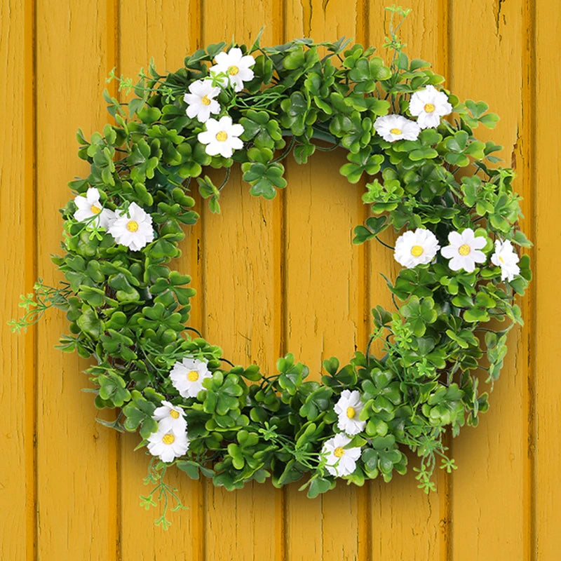 St Patricks Day Artificial Wreath Lucky Shamrock Clover Daisy Flower Decor Irish Spring Summer Greenery Wreath Home Supplies