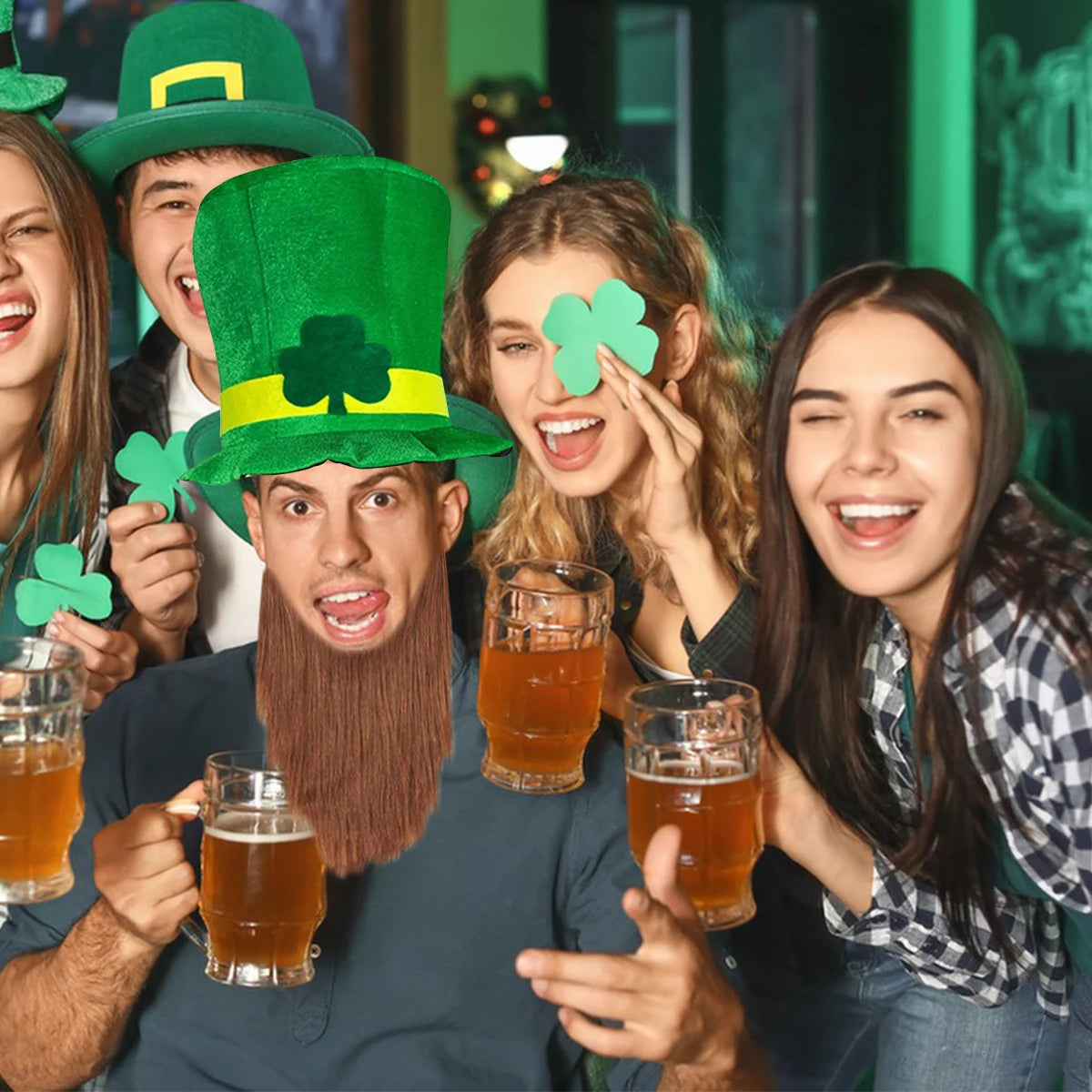 2025 New St. Patrick\'s Day Irish Top Hat Beard Green Shamrock Hats for Saint Patrick Day Home Party Decor Cosplay Costume Props