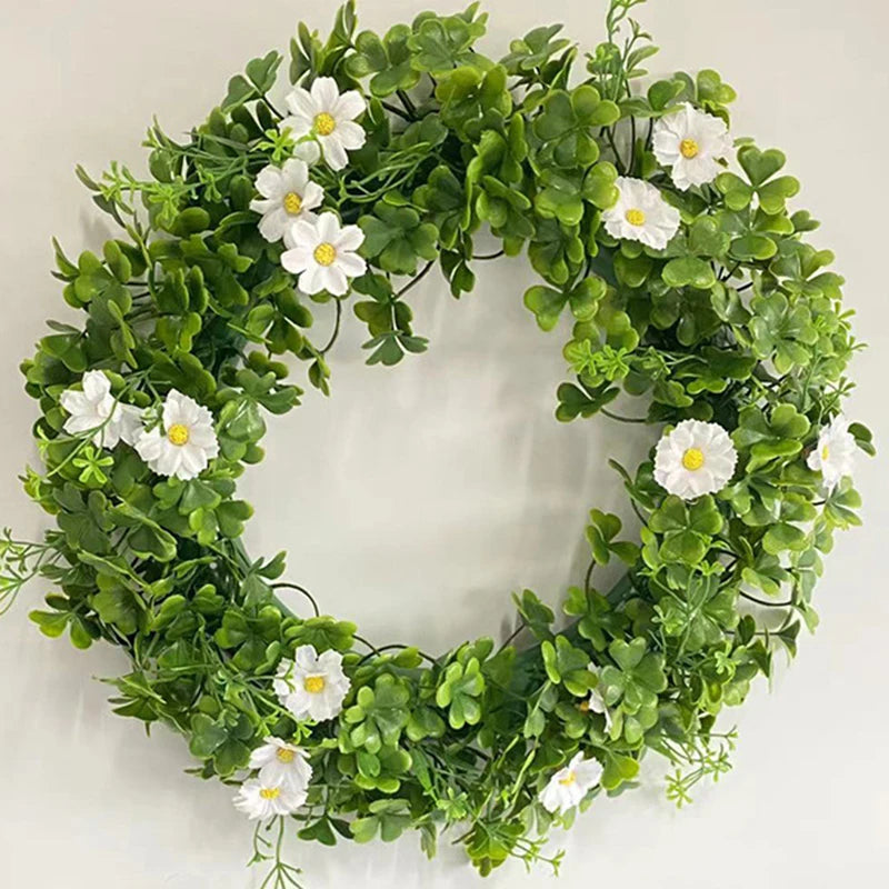 St Patricks Day Artificial Wreath Lucky Shamrock Clover Daisy Flower Decor Irish Spring Summer Greenery Wreath Home Supplies