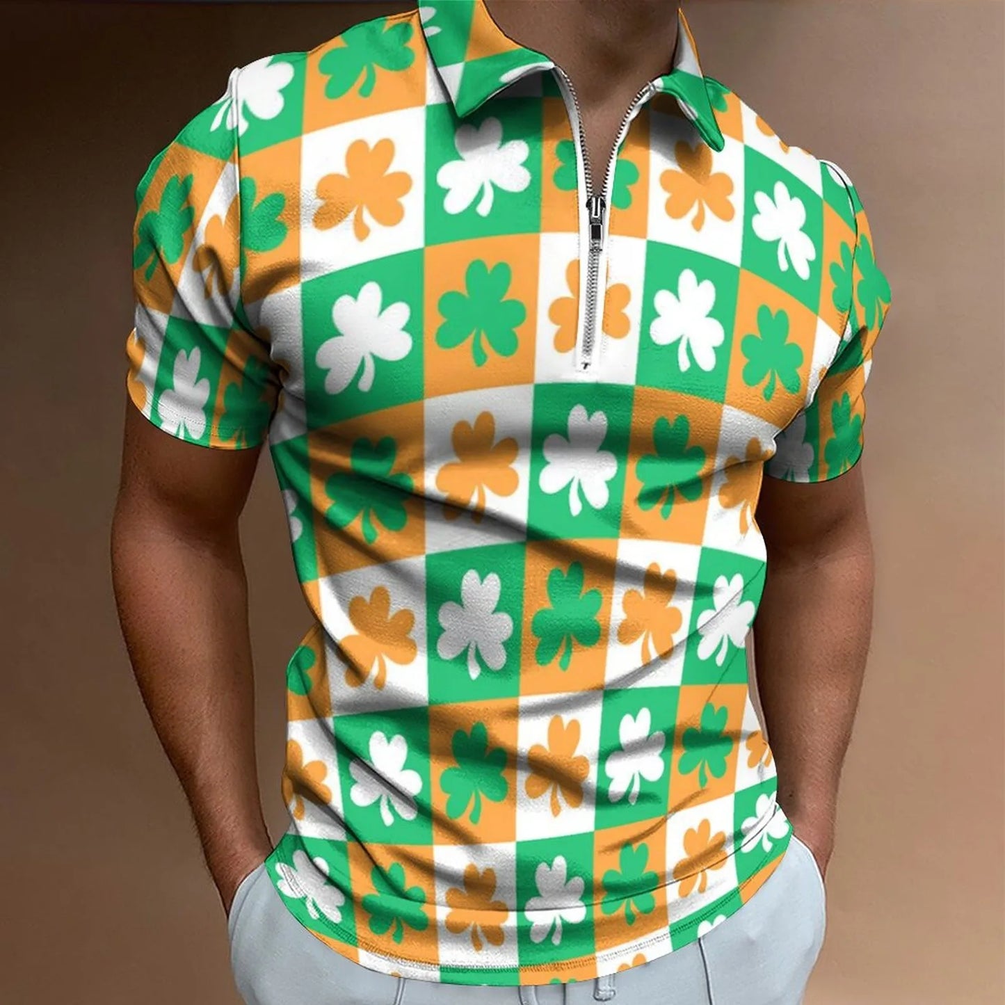 Green Shamrock Polo Shirts Mens Fashion St Patricks Day Casual 3d Digital Print Shirt Top Short Sleeve Zip-Up Shirt Blouse