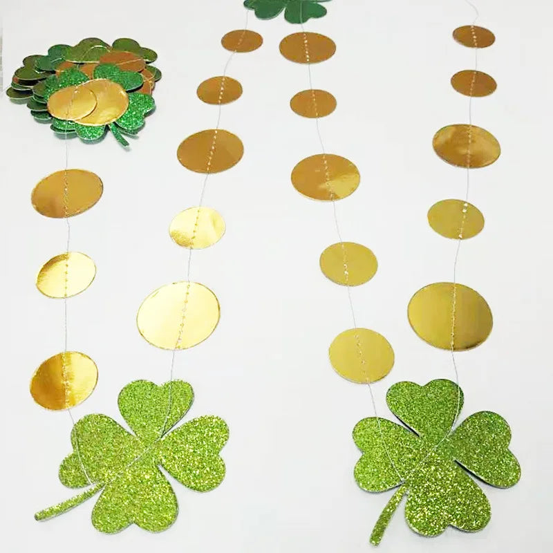 Glitter Green Shamrock Clover Garland Hanging Streamer for Irish St Patrick’s Day Decoration Baby Shower Birthday Party Supplies