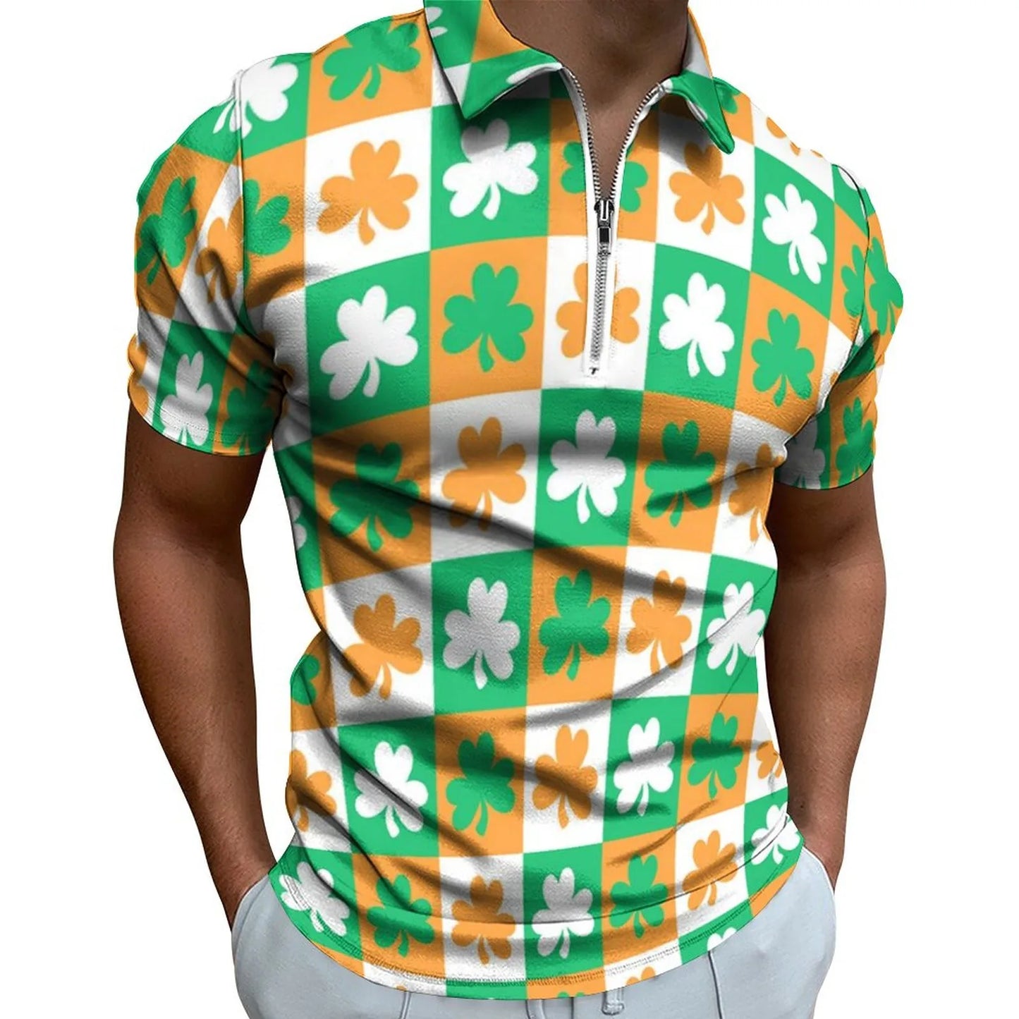 Green Shamrock Polo Shirts Mens Fashion St Patricks Day Casual 3d Digital Print Shirt Top Short Sleeve Zip-Up Shirt Blouse