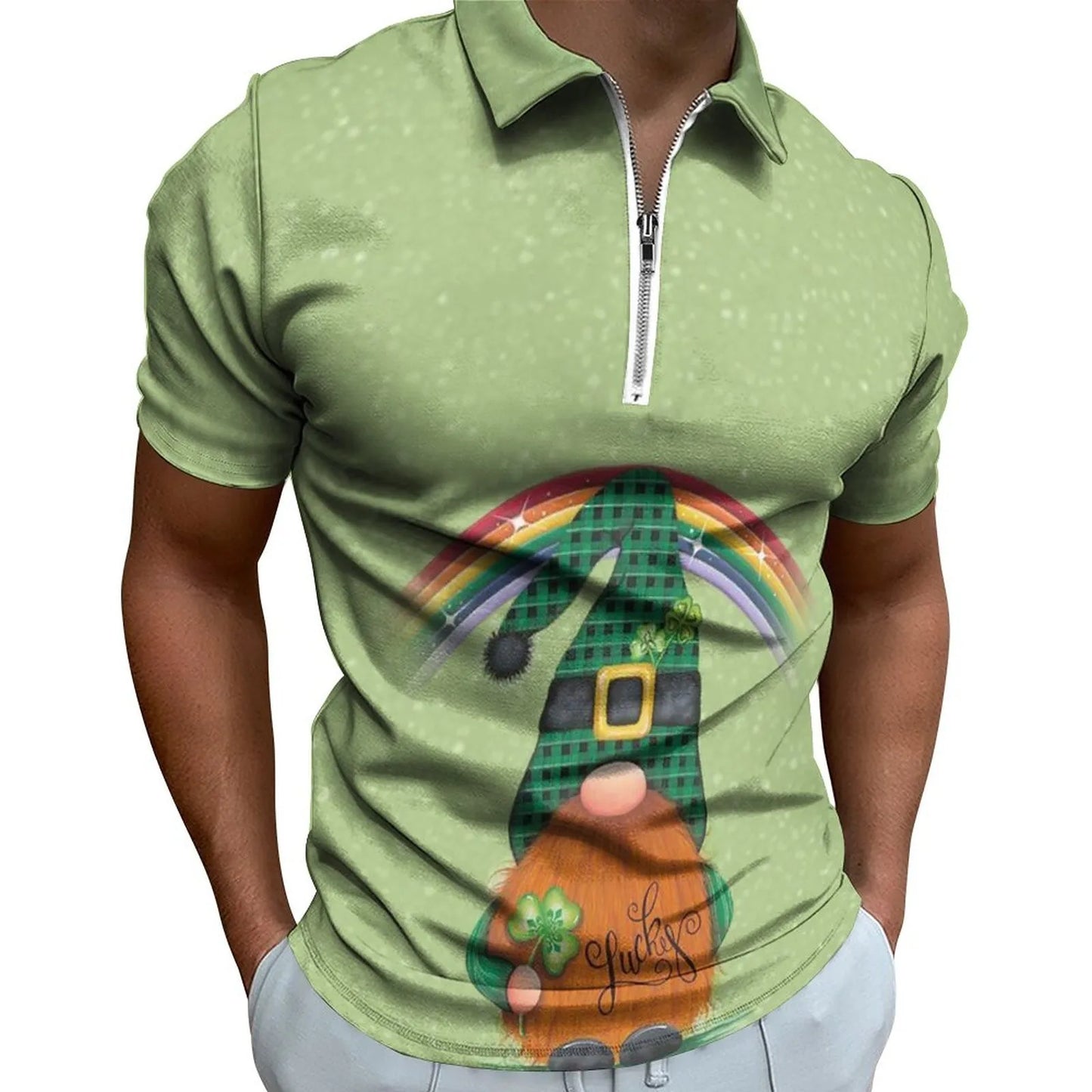 Green Shamrock Polo Shirts Mens Fashion St Patricks Day Casual 3d Digital Print Shirt Top Short Sleeve Zip-Up Shirt Blouse