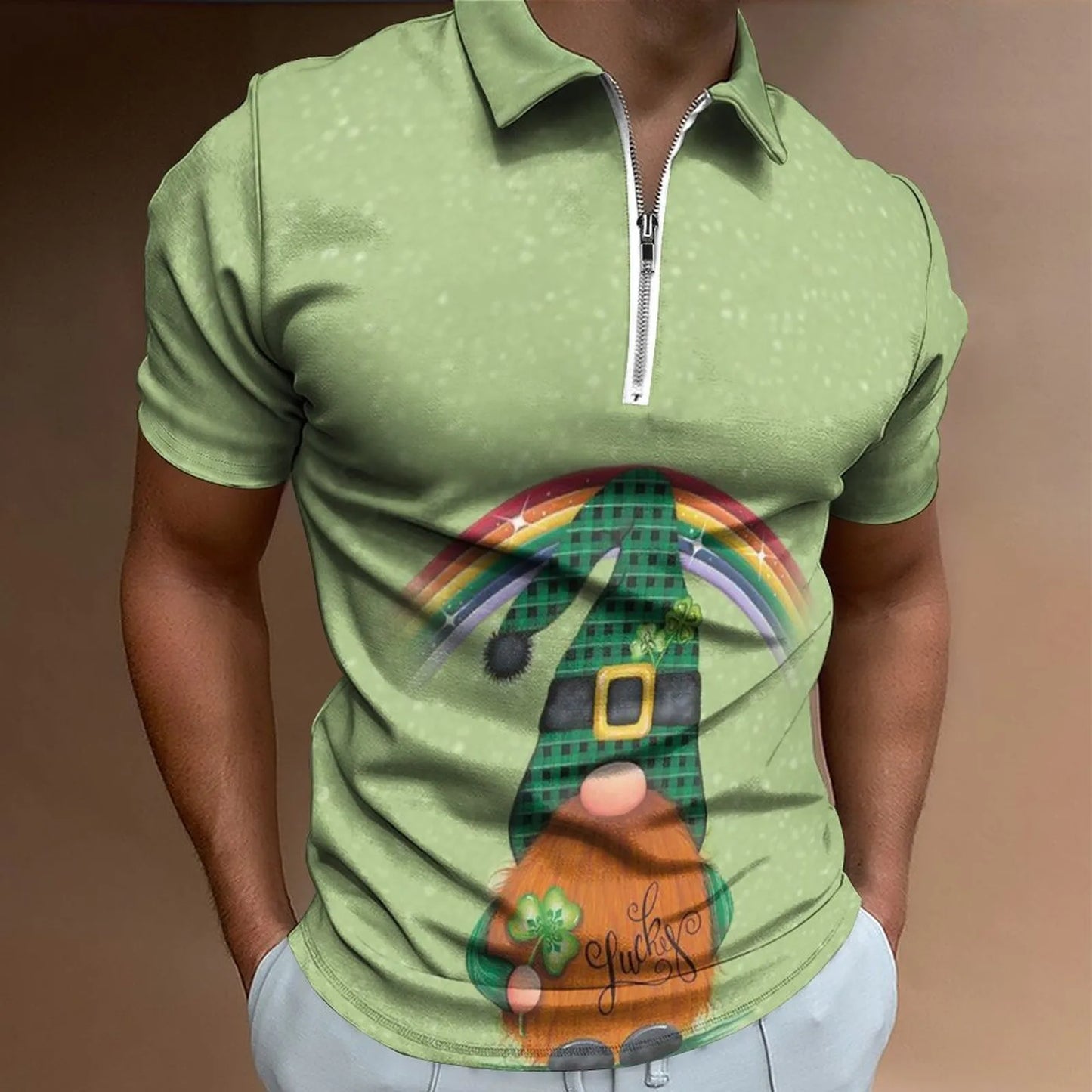 Green Shamrock Polo Shirts Mens Fashion St Patricks Day Casual 3d Digital Print Shirt Top Short Sleeve Zip-Up Shirt Blouse