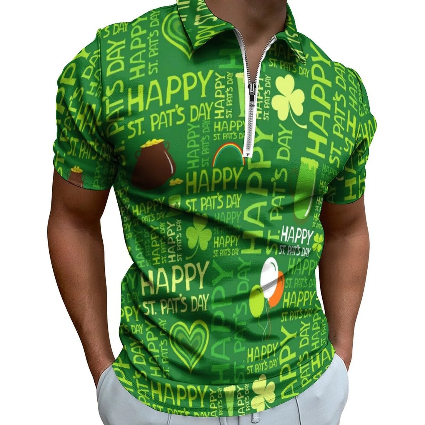 Green Shamrock Polo Shirts Mens Fashion St Patricks Day Casual 3d Digital Print Shirt Top Short Sleeve Zip-Up Shirt Blouse