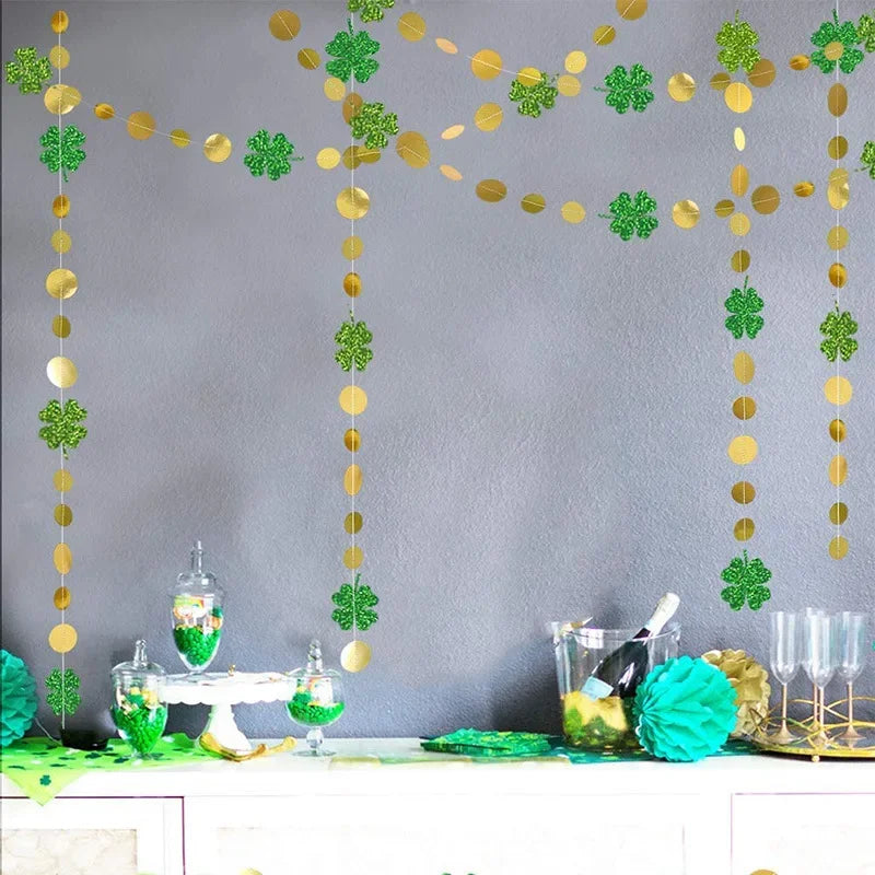 Glitter Green Shamrock Clover Garland Hanging Streamer for Irish St Patrick’s Day Decoration Baby Shower Birthday Party Supplies