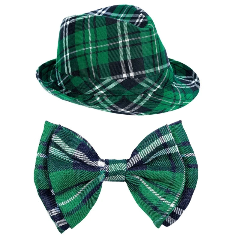 Green Plaids Bowtie Octagonal Hat Set for St. Patricks Day Gifts Party Headpiece Painter Hat for Carnivals Holiday Stage Shows