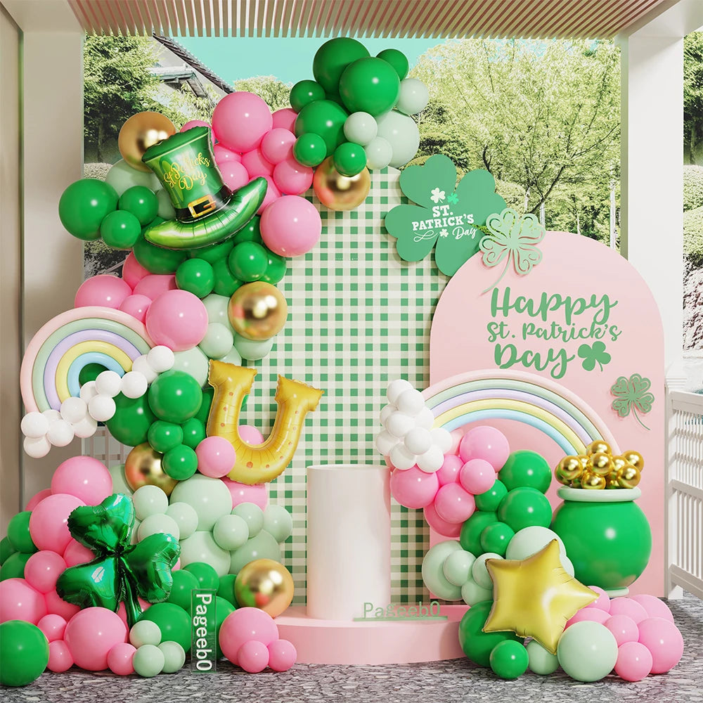 137pcs St. Patrick’s Day Balloon Garland Arch Kit Green Pink Gold Latex Balloons for Irish Festival Clover Party Decoration