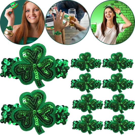 1/5/10Pcs St. Patricks Day Glitter Bracelet Sequins Clover Bracelets Green Irish Holiday Decor For Women Girls Carnival Parade