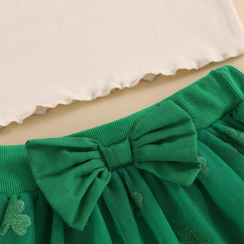 Girls St Patrick s Day Clothing Set with Shamrock Print Short Sleeve Top and Green Tulle Skirt for Toddlers and Kids