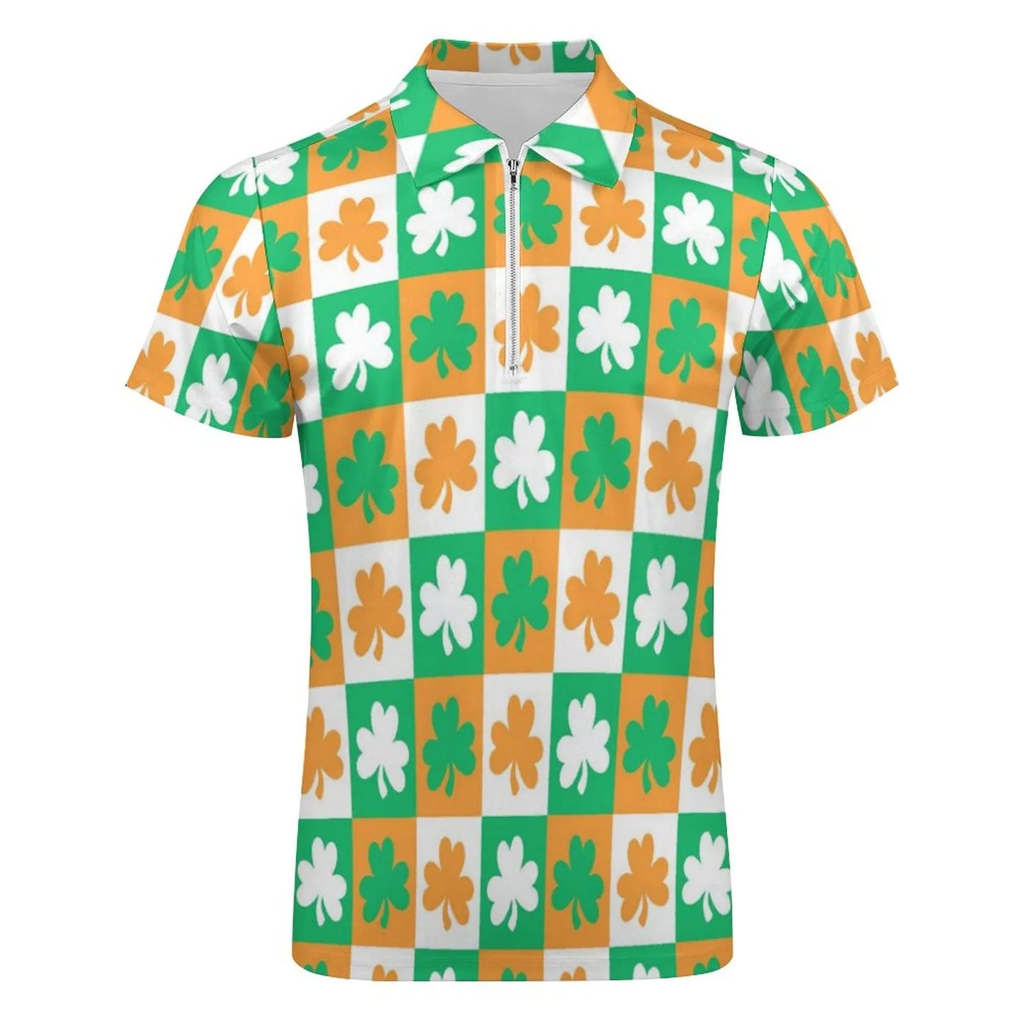 Green Shamrock Polo Shirts Mens Fashion St Patricks Day Casual 3d Digital Print Shirt Top Short Sleeve Zip-Up Shirt Blouse