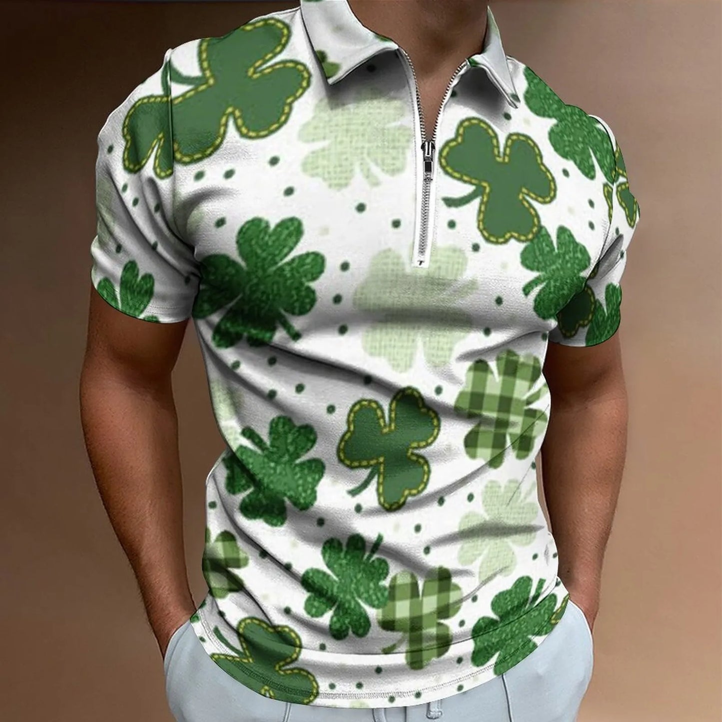 Green Shamrock Polo Shirts Mens Fashion St Patricks Day Casual 3d Digital Print Shirt Top Short Sleeve Zip-Up Shirt Blouse