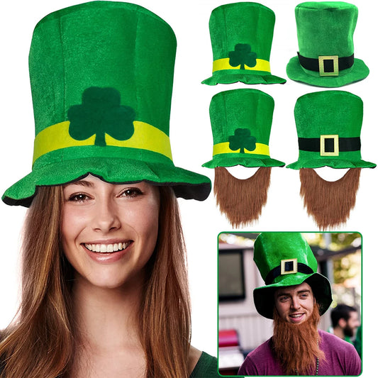 2025 New St. Patrick\'s Day Irish Top Hat Beard Green Shamrock Hats for Saint Patrick Day Home Party Decor Cosplay Costume Props