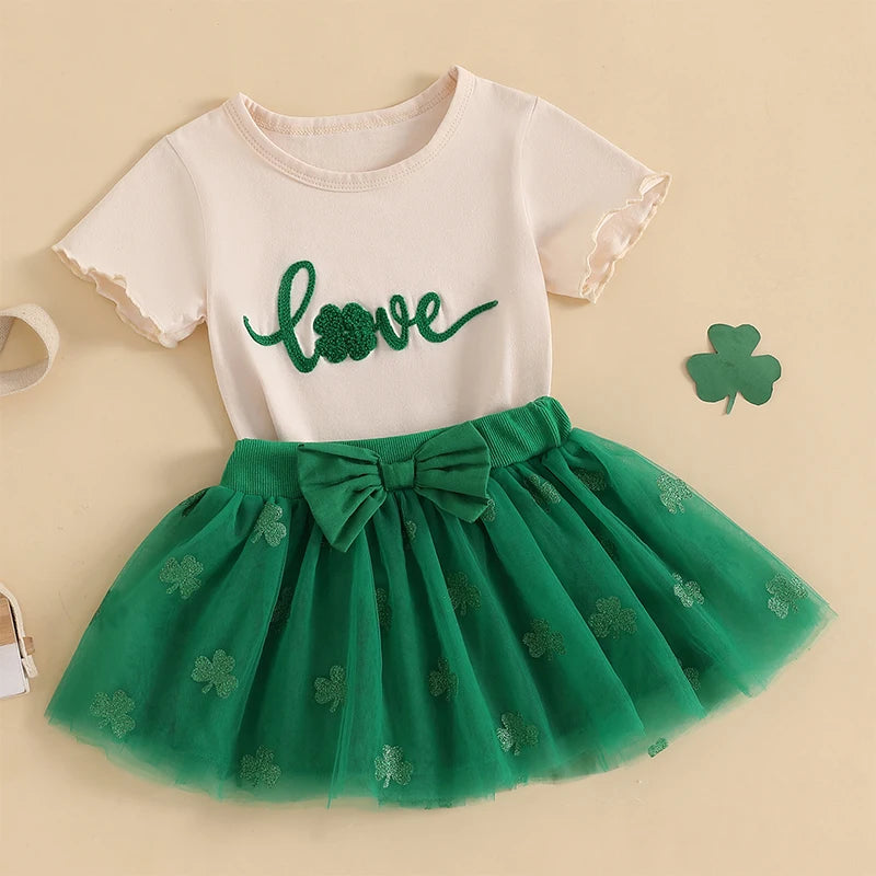 Girls St Patrick s Day Clothing Set with Shamrock Print Short Sleeve Top and Green Tulle Skirt for Toddlers and Kids