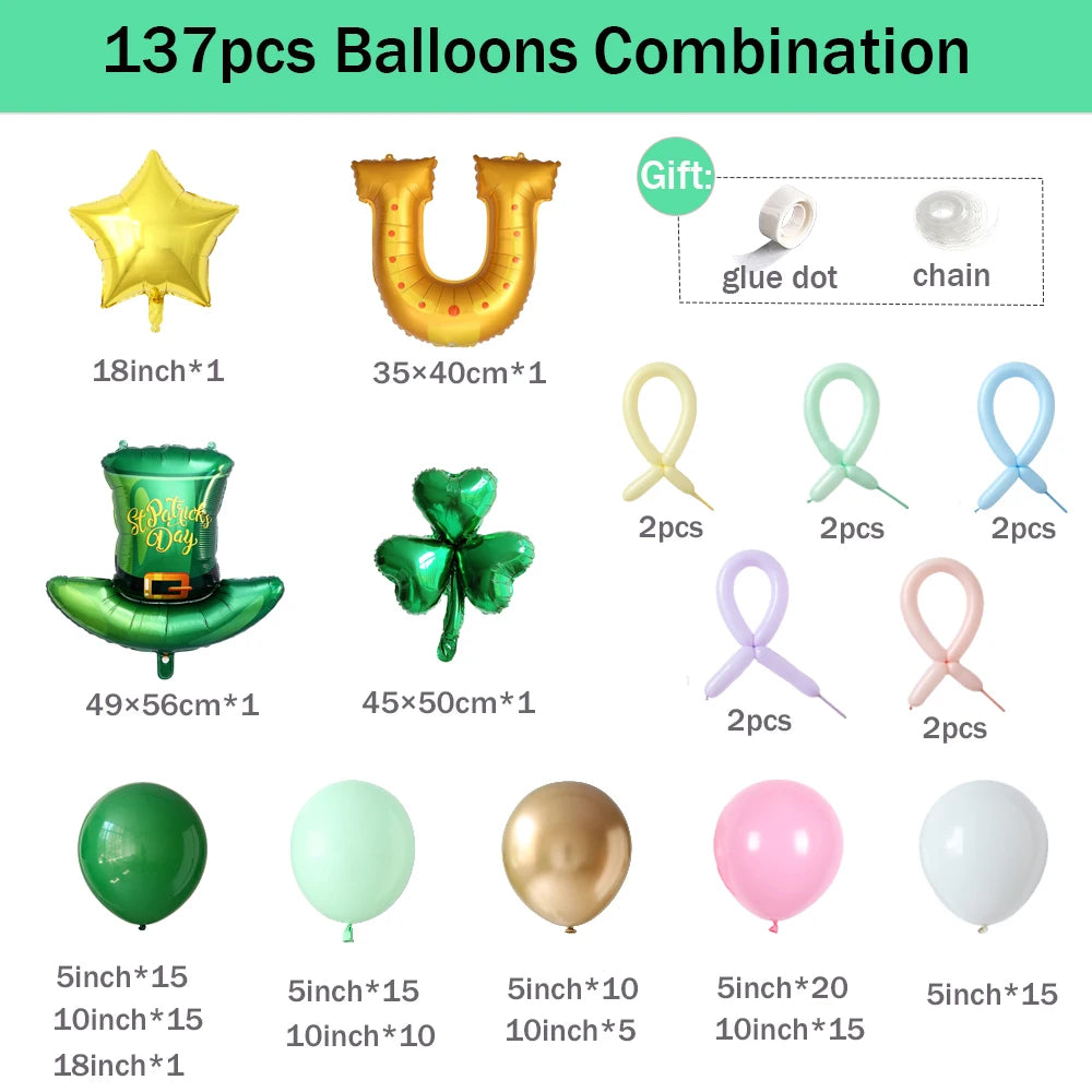 137pcs St. Patrick’s Day Balloon Garland Arch Kit Green Pink Gold Latex Balloons for Irish Festival Clover Party Decoration