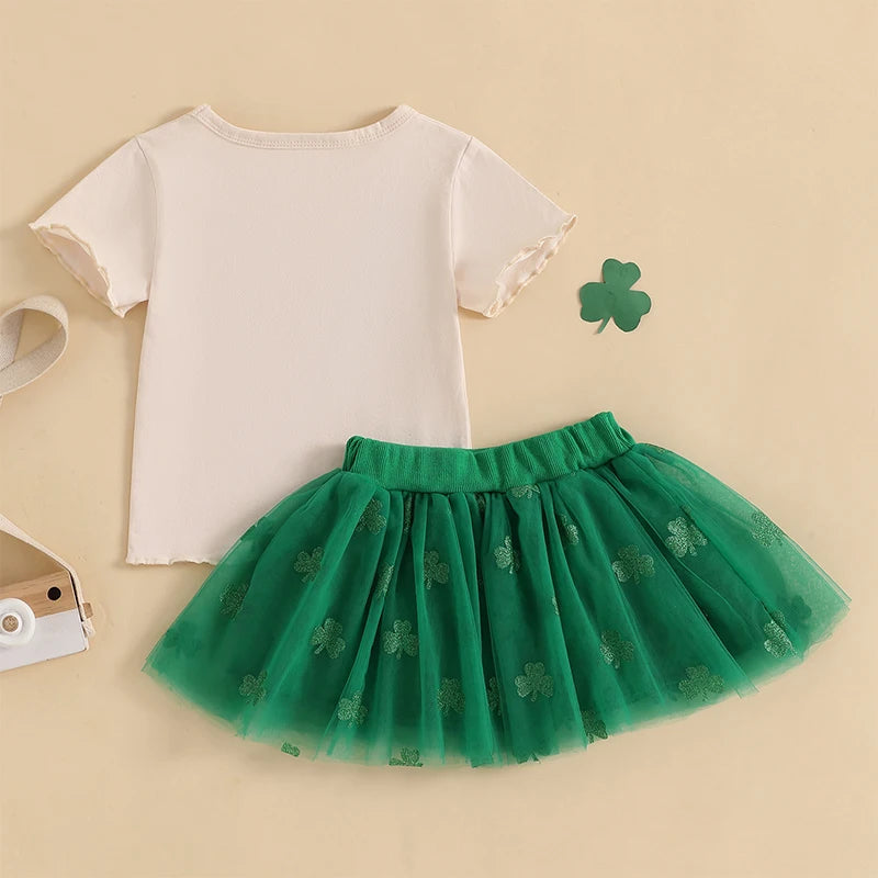 Girls St Patrick s Day Clothing Set with Shamrock Print Short Sleeve Top and Green Tulle Skirt for Toddlers and Kids