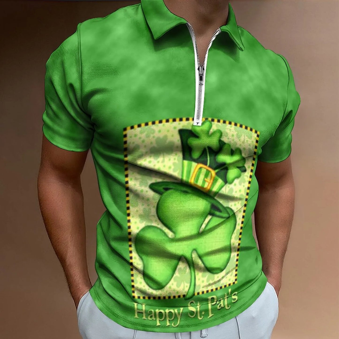 Green Shamrock Polo Shirts Mens Fashion St Patricks Day Casual 3d Digital Print Shirt Top Short Sleeve Zip-Up Shirt Blouse