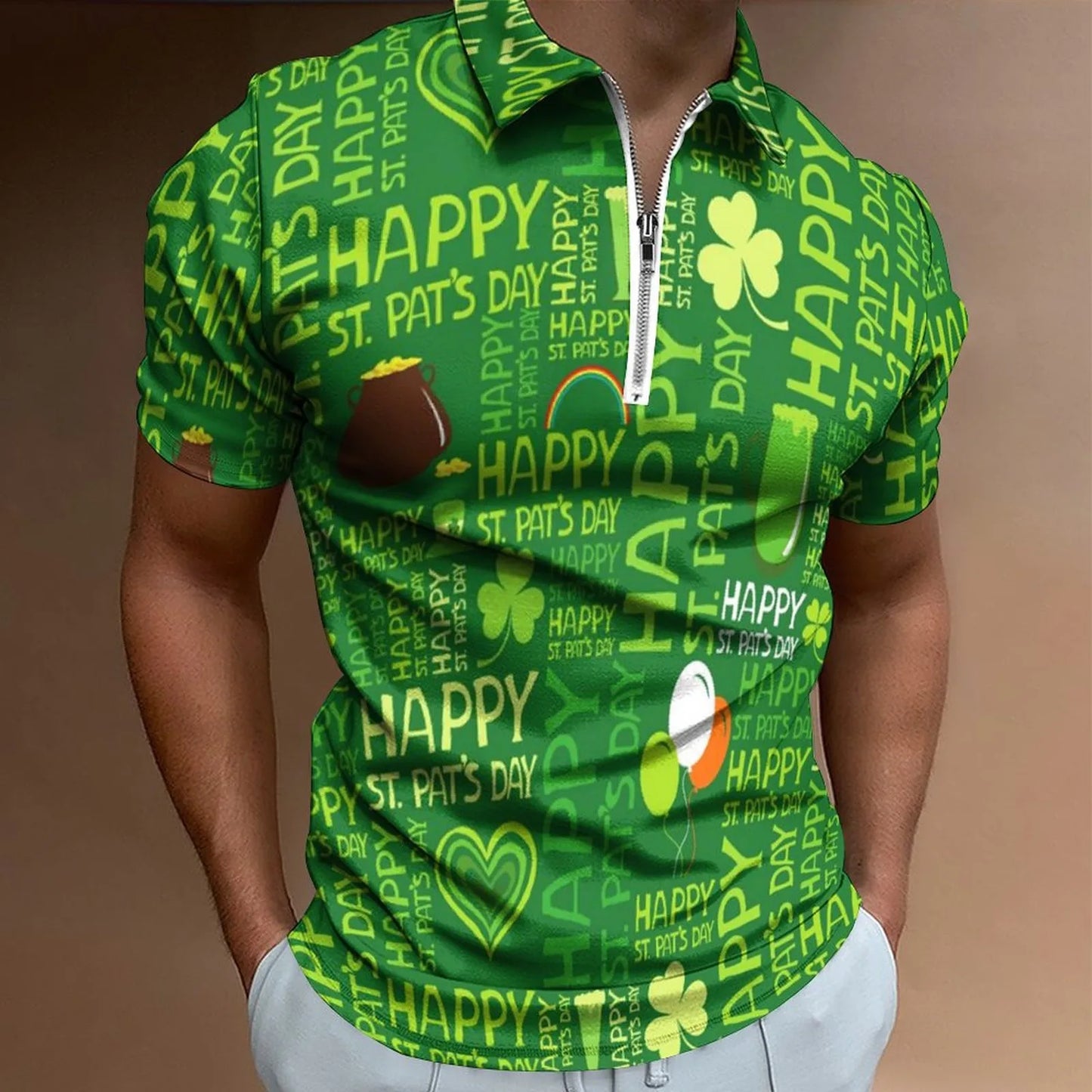 Green Shamrock Polo Shirts Mens Fashion St Patricks Day Casual 3d Digital Print Shirt Top Short Sleeve Zip-Up Shirt Blouse