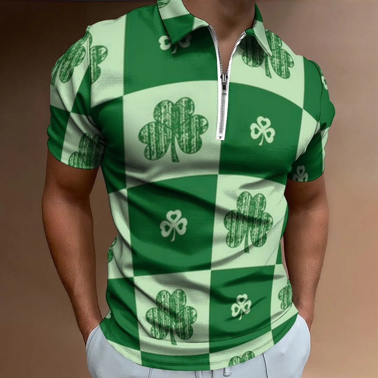 Green Shamrock Polo Shirts Mens Fashion St Patricks Day Casual 3d Digital Print Shirt Top Short Sleeve Zip-Up Shirt Blouse