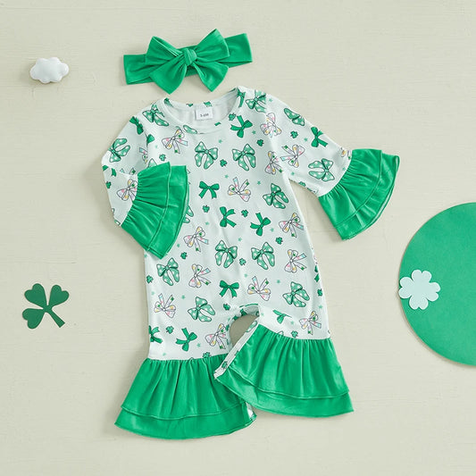 Adorable Baby Girls St Patrick s Day Shamrock Romper with Ruffle Sleeves and Matching Headband Set for Infant Toddler