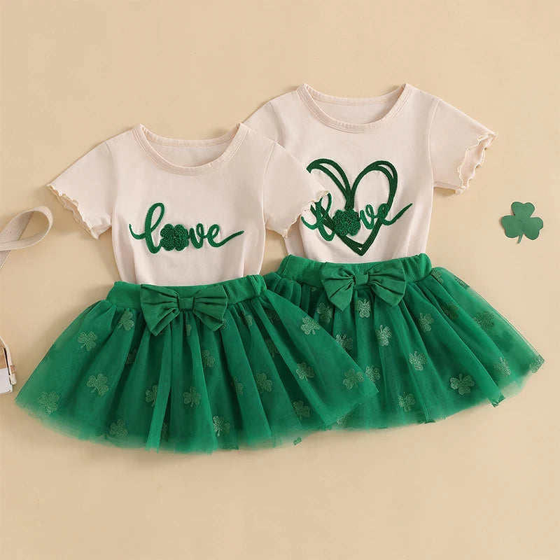 Girls St Patrick s Day Clothing Set with Shamrock Print Short Sleeve Top and Green Tulle Skirt for Toddlers and Kids