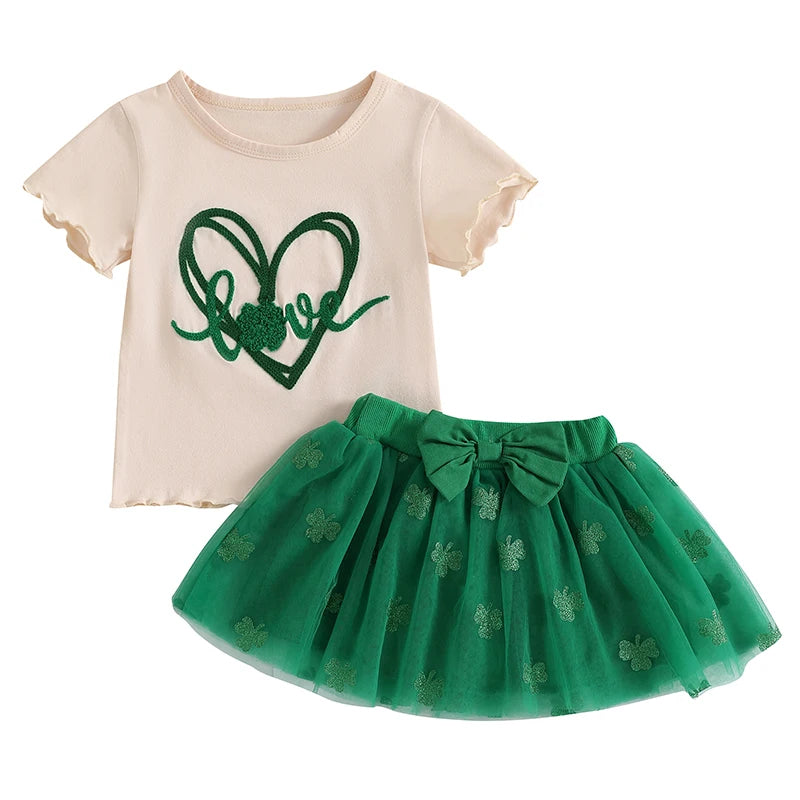 Girls St Patrick s Day Clothing Set with Shamrock Print Short Sleeve Top and Green Tulle Skirt for Toddlers and Kids