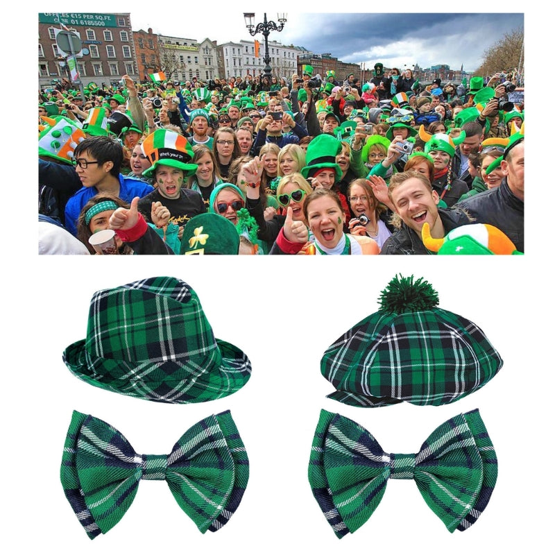 Green Plaids Bowtie Octagonal Hat Set for St. Patricks Day Gifts Party Headpiece Painter Hat for Carnivals Holiday Stage Shows