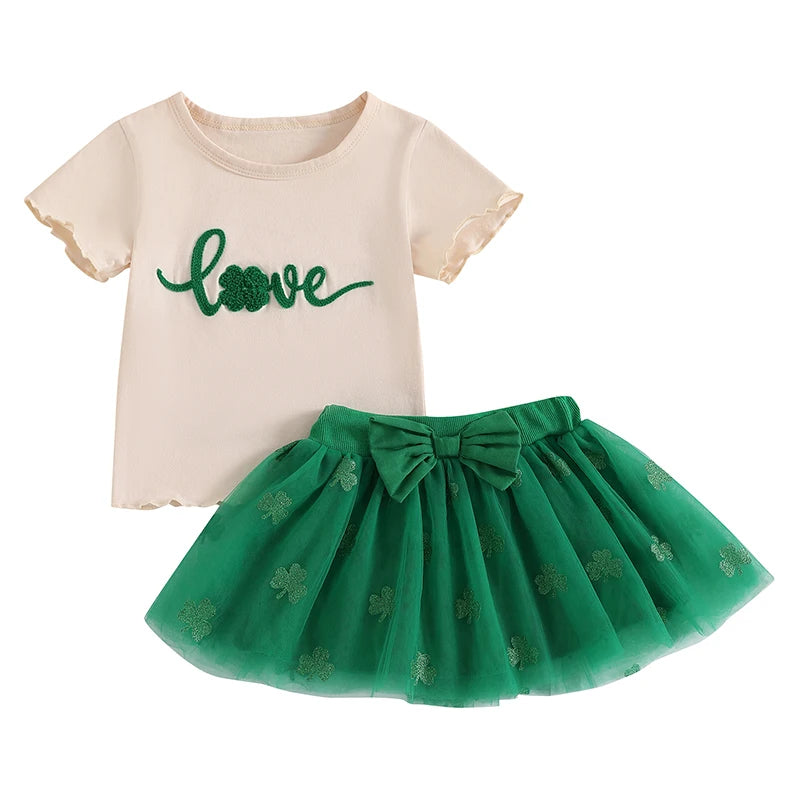 Girls St Patrick s Day Clothing Set with Shamrock Print Short Sleeve Top and Green Tulle Skirt for Toddlers and Kids