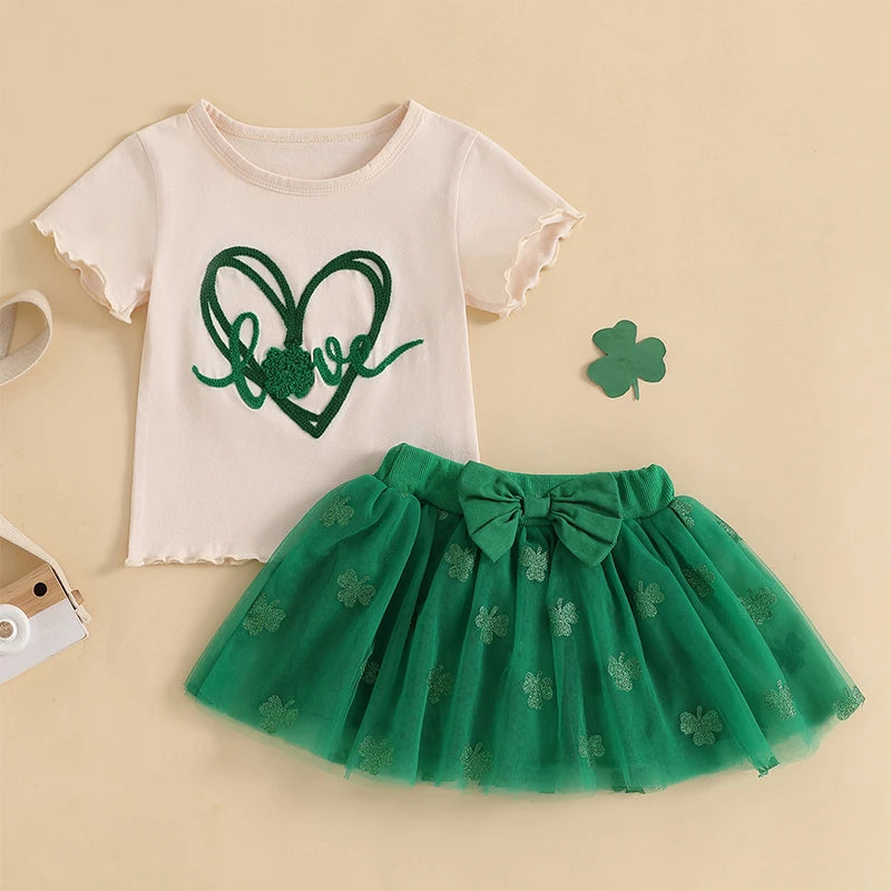 Girls St Patrick s Day Clothing Set with Shamrock Print Short Sleeve Top and Green Tulle Skirt for Toddlers and Kids